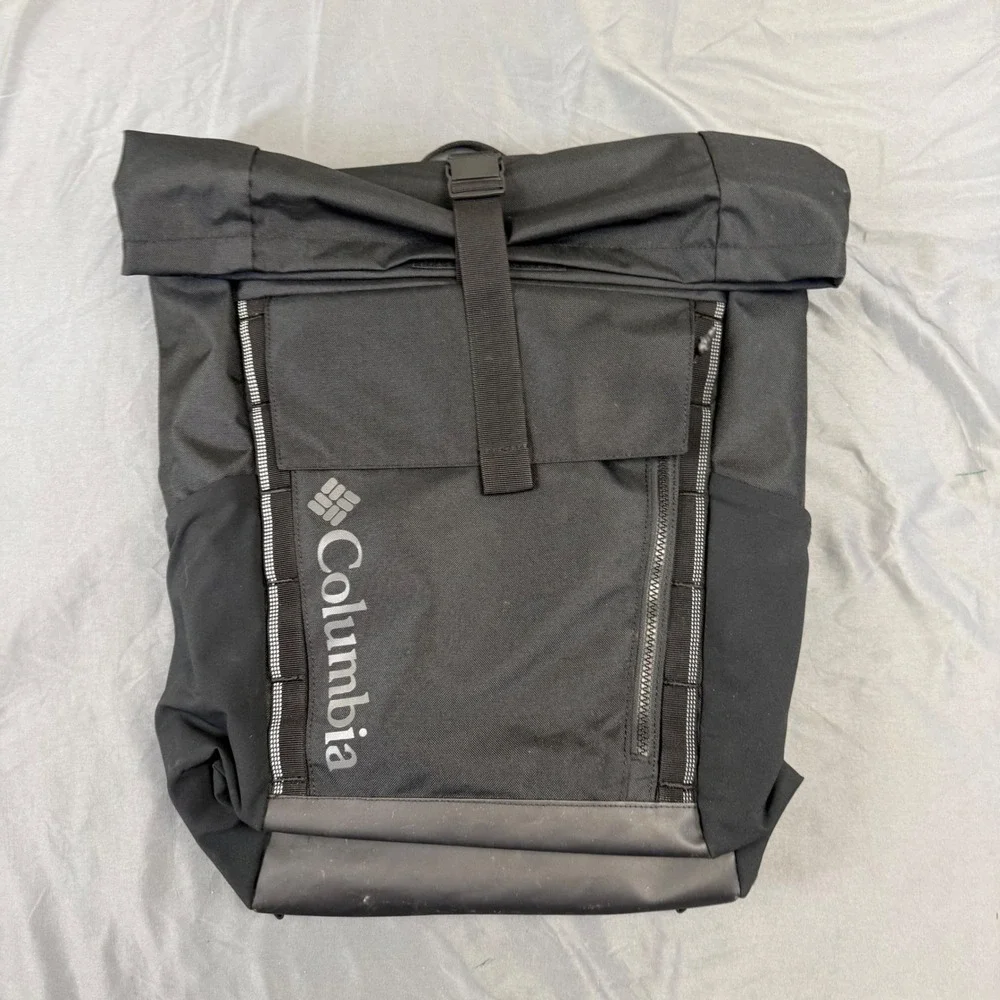Columbia Black Roll Top Backpack Unisex Padded Straps Side Access Hiking Bag